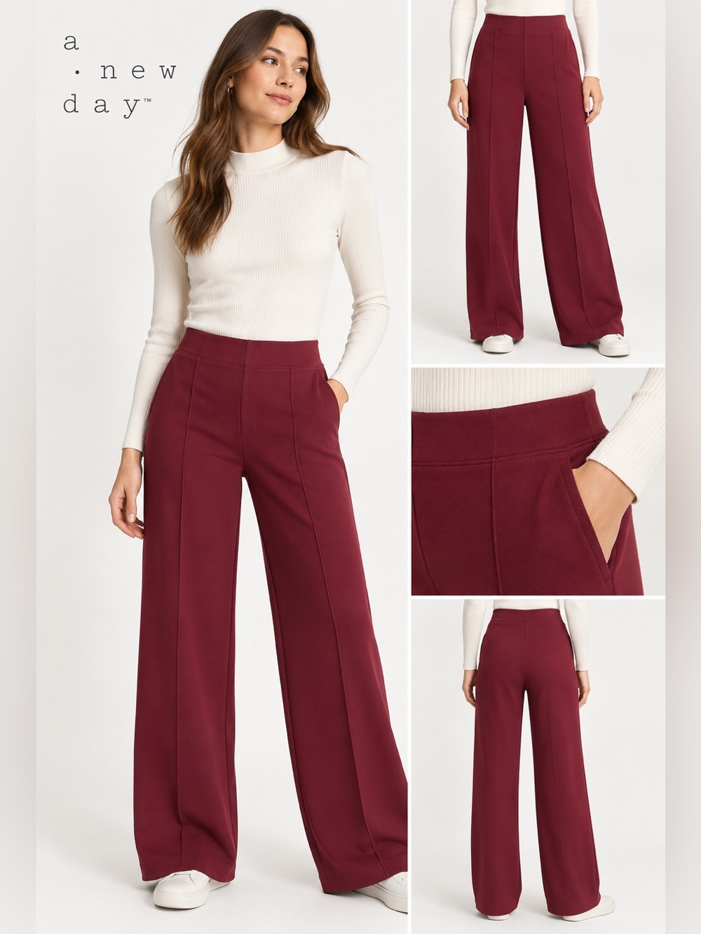 A New Day Burgundy Ponte Pintuck Wide Leg Pull-On Pants XS